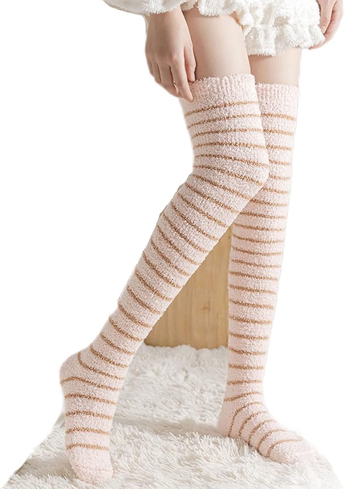 2 Pairs Teenage Girls Striped Knee-high Coral Fleece Socks Winter Long Warm Sleep Socks Padded Thickening