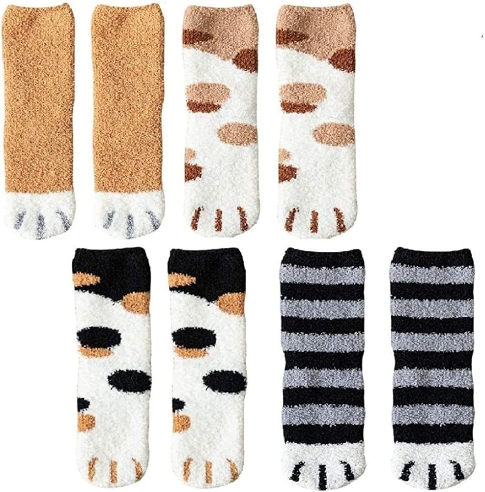 4 Pairs Winter Cat Claws Cute Thick Warm Sleep Floor Socks,Cat Paw Slipper Socks for Girls,Women 111