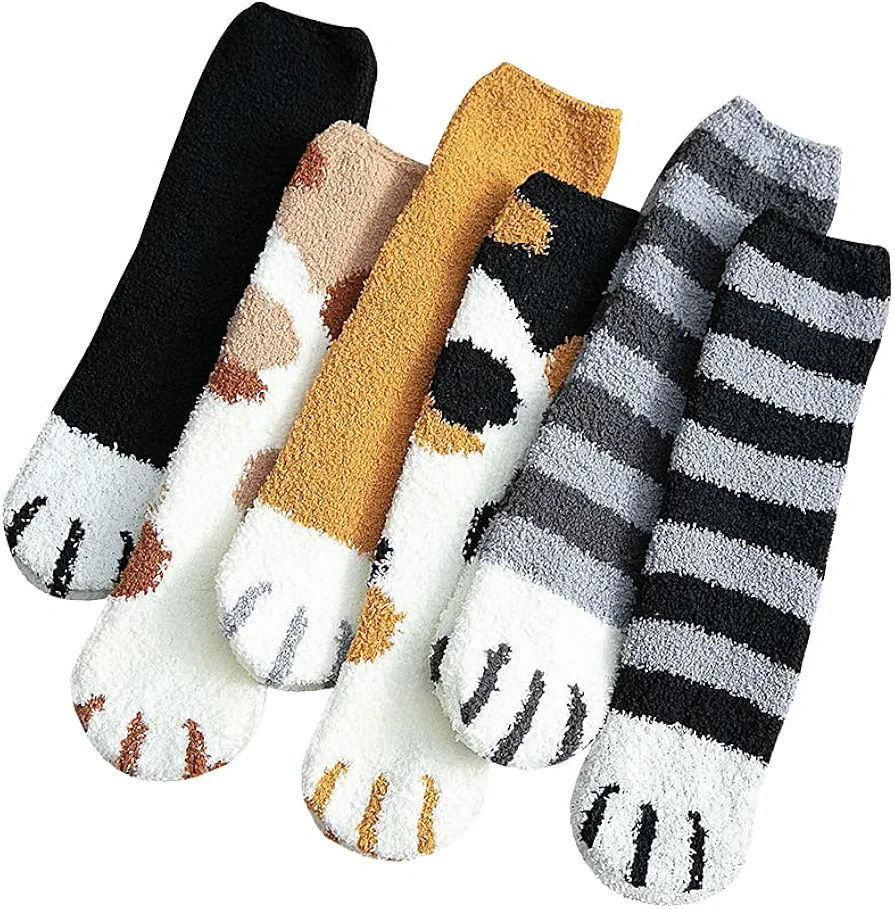GSHLLO 6 Pairs Coral Velvet Socks Cat Claw Socks Thick Sleep Socks Soft Fuzzy Socks Winter Warm Socks Cute Floor Socks for Girls Women