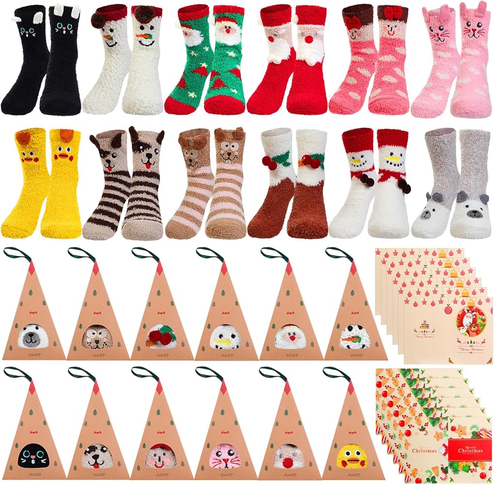 Foaincore 12 Pairs Women Christmas Cozy Fuzzy Socks Winter Soft Fluffy Slipper Animal Socks Sleeping Warm Socks with Packing Box and Cards for DIY Xmas Birthday Gift