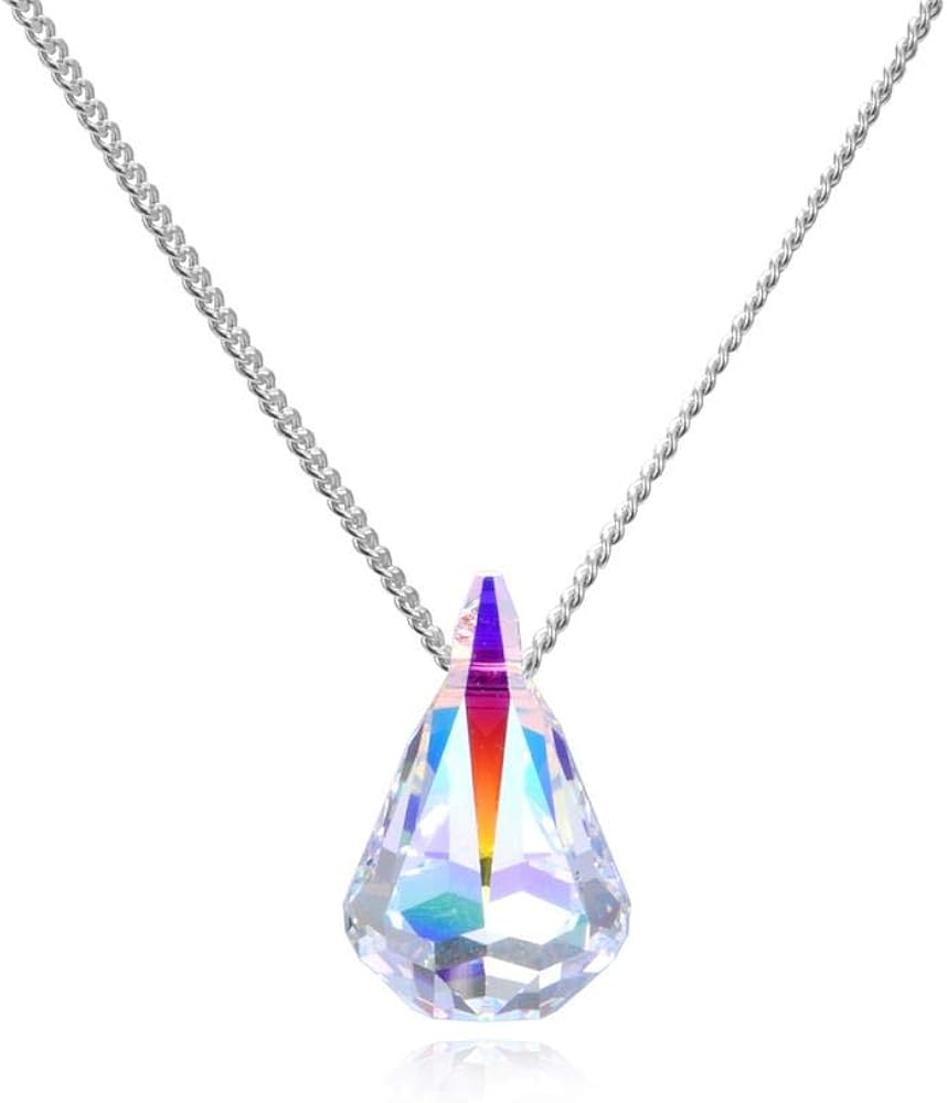 Savlano 14K White Gold Plated Aurora Borealis Drop Cut 18 Inches Pendant Chain Necklace For Women