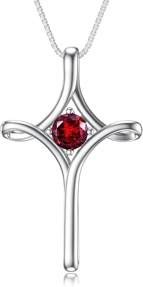TOUPOP Cross Necklace for Women 925 Sterling Silver Birthstone Cross Necklace Fine Faith Jewelry Birthday Anniversary Christmas Gifts for Women Mom Wife Girlfriend
