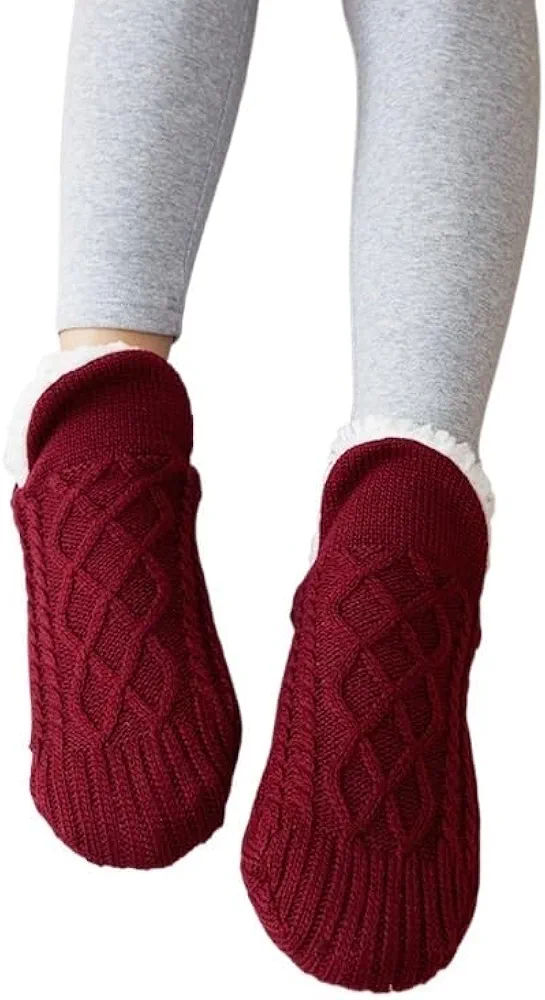 Thickened Winter Woven Thermal Cashmere Socks Floor Socks Women Carpet Home Plus Socks Velvet Sleep Socks Slippers Boat Socks (Color : Red, Size : 35-39)