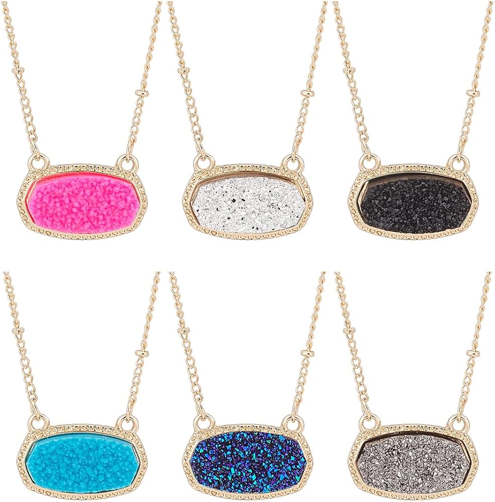6PCS Faux Druzy Stone Necklace Simulated Druzy Pendant Necklace for Women Colorful Sparkly Oval Stone Necklaces Christmas Valentine's Day Jewelry Gifts for Women Mom Wife Girlfriend