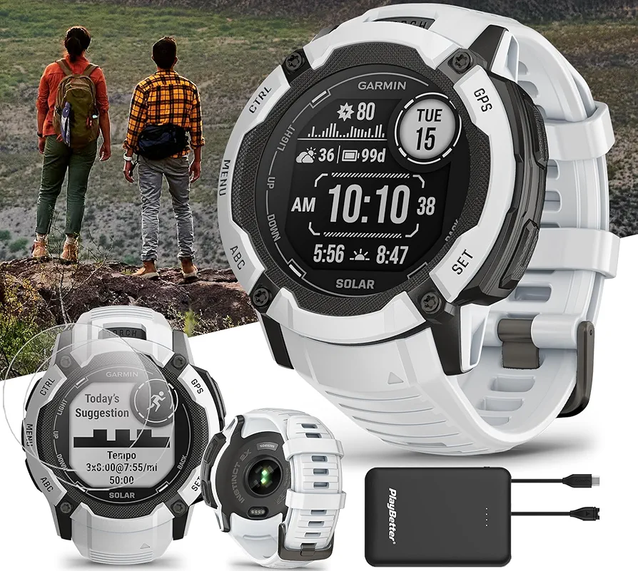 PlayBetter Garmin Instinct 2X Solar (Whitestone) Rugged GPS Smartwatch Bundle - Multi-Band GNSS, 24/7 Health Monitoring, Smart Notifications Portable Charger & Screen Protectors