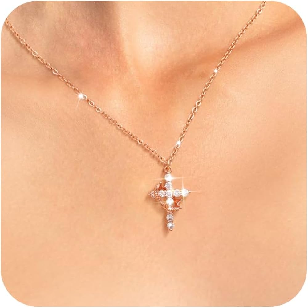 Tewiky Crown Cross Necklace for women-Dainty Sterling Silver/14k Gold Cubic Zirconia Pendant Necklaces Simple Gold Cross Pendant Necklace Cute Tiny Gold Jewelry