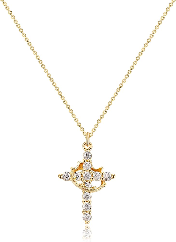 Tewiky Crown Cross Necklace for women-Dainty Sterling Silver/14k Gold Cubic Zirconia Pendant Necklaces Simple Gold Cross Pendant Necklace Cute Tiny Gold Jewelry