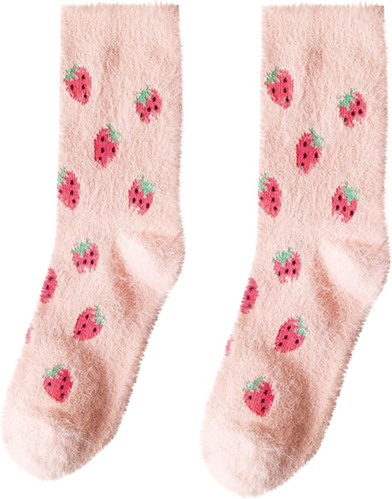 Xiaojmake Womens Strawberries Cozy Crew Socks Fuzzy Socks Cute Patterned Warm Slipper Socks Fluffy Soft Home Sleep Socks