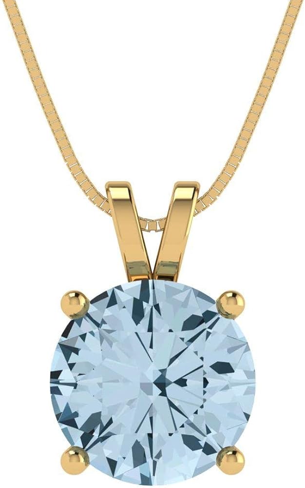 Clara Pucci 3.0 ct Round Cut Genuine Natural Aquamarine Gem Solitaire Pendant Necklace With 16" Gold Chain Box 18K Yellow Gold