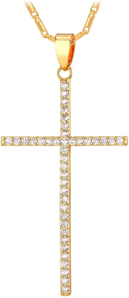 U7 Simple Cross Necklace for Men Women, Stainless Steel Silver Black Gold Latin Cross Pendant Necklaces, Custom Engravable, Length 22-24 Inches