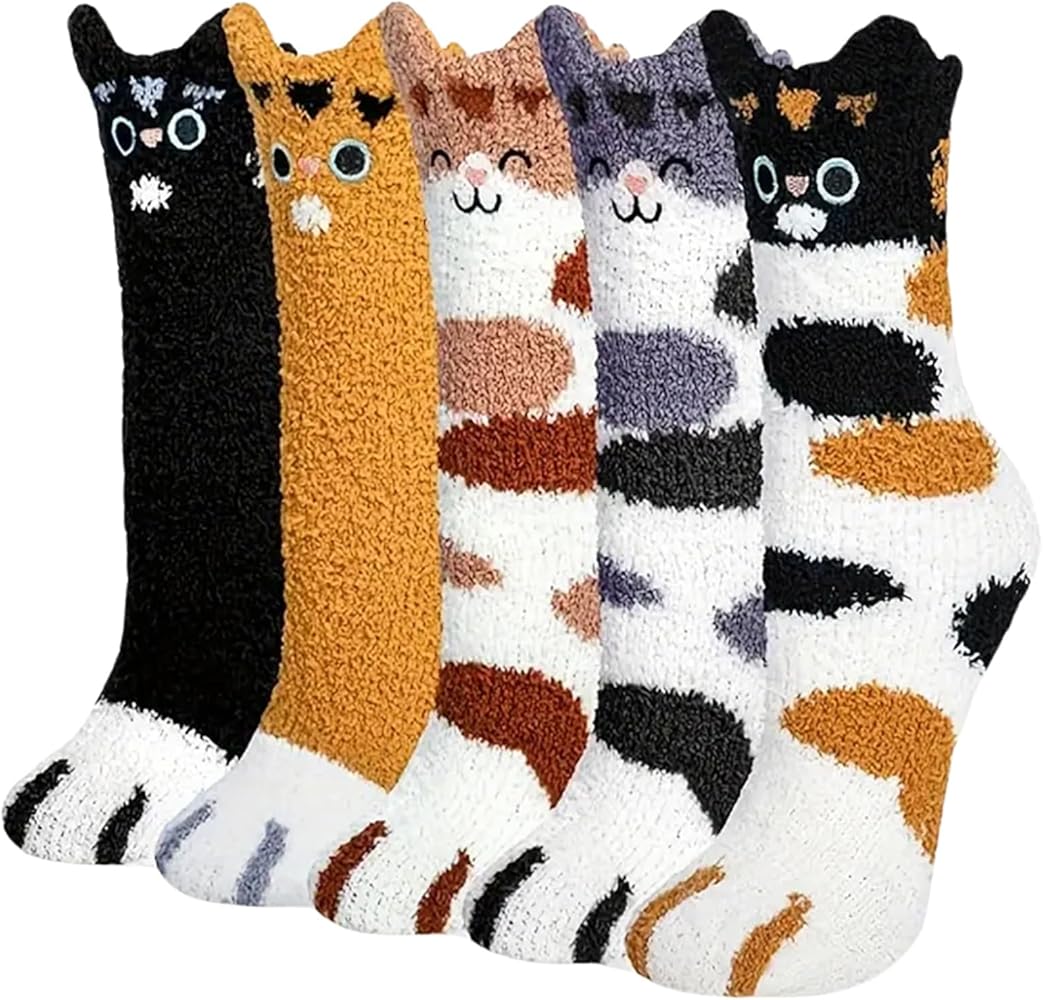 Women Sleep Socks, Soft Cute Warm Cartoon Cat Coral Fleece Long Winter Socks Present