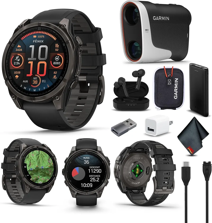Garmin Fenix 8 47MM AMOLED Sapphire Multisport GPS Smartwatch Carbon Gray DLC Titanium with Black Gray Silicone Band, Health & Fitness Smart Watch Bundle with Approach Z30 Golf Laser Range Finder