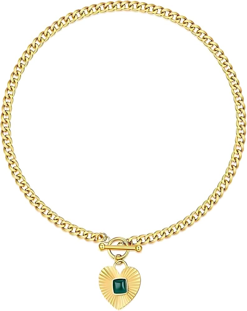Toggle Heart Necklace for Women Gold Heart Necklace Sunburst Heart Necklace Chunky Gold Cuban Chain Necklace Green Crystal Heart Charm Necklace Heart Toggle Necklace Fashion Jewelry