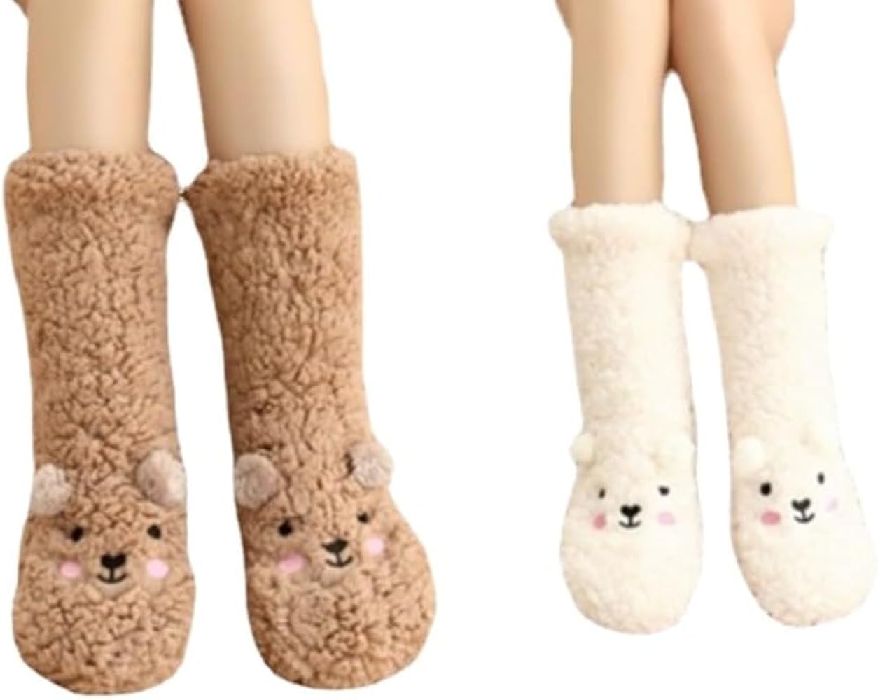 Fluffy and Cold-Proof Winter Foot Warmer with Grid Plush Fuzzy Socks Soft and Thicker Sleep Women Bed Socks
