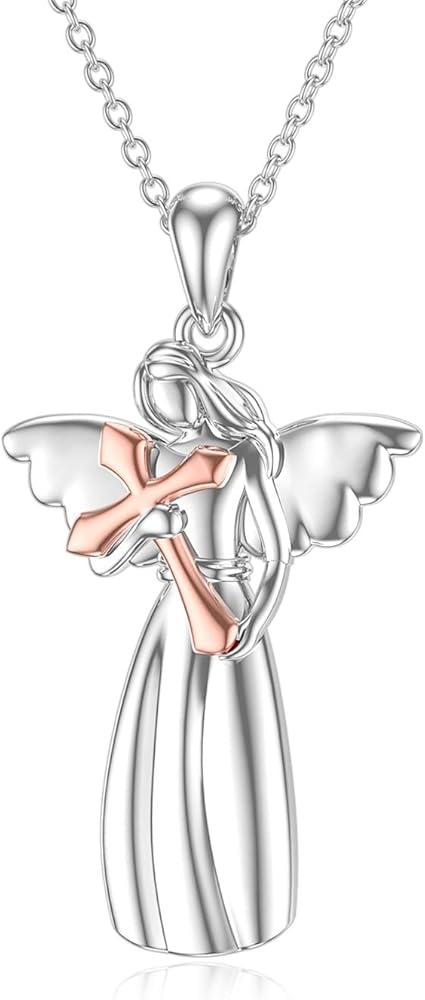 SIMONLY Peace Angel Cross Necklace for Women Sterling Silver Peace Sign Cross Pendant Necklace Heart Love Jewelry