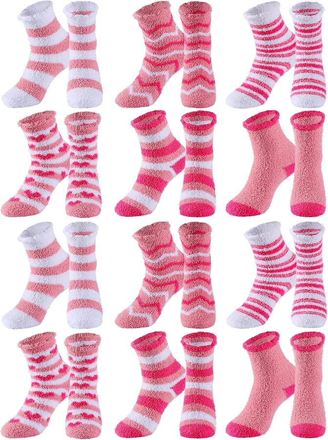 Unittype 12 Pairs Valentine's Day Heart Socks Women's Pink Fuzzy Socks Slipper Soft Cabin Plush Warm Fluffy Winter Sleep Cozy Adult Socks