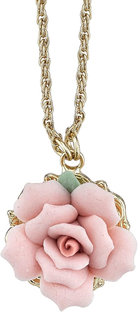 1928 Jewelry Genuine Porcelain Rose Pendant Necklace For Women 16" + 3" Extender