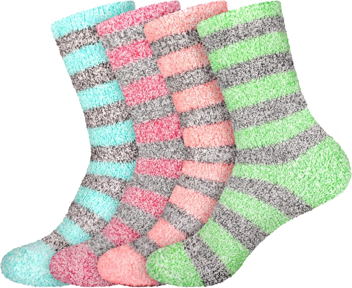 BambooMN Women's Soft Fuzzy Warm Cozy Striped Solid Socks - 4 Pair Value Packs