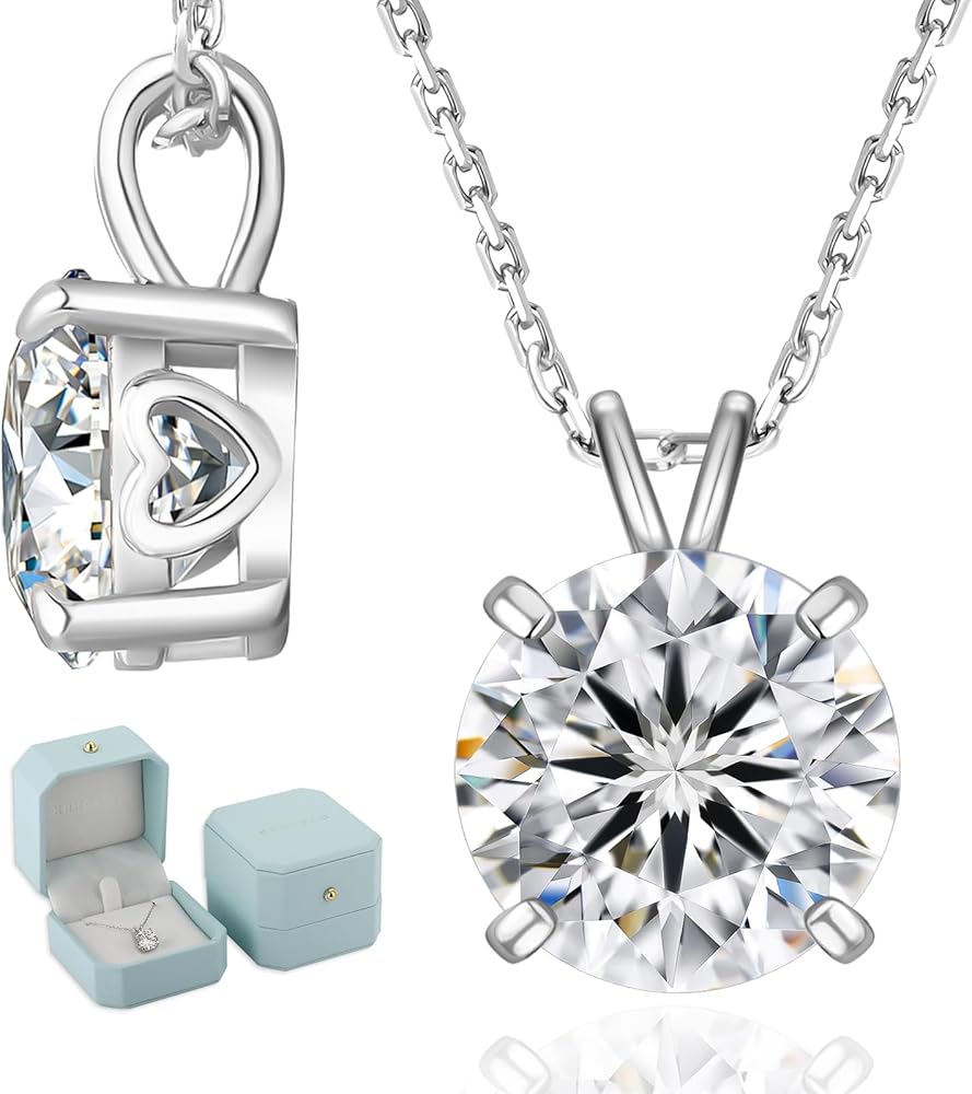KRKC&CO Moissanite Necklace for Women, Sterling Silver Lab Created Solitaire Diamond Pendant for Her, 4-Prong, GRA Certificate, Gift for Anniversary, Birthday, Wedding - to Wife, Mom, 0.5/1/2/3/4CT White Gold Plated Silver Jewelry
