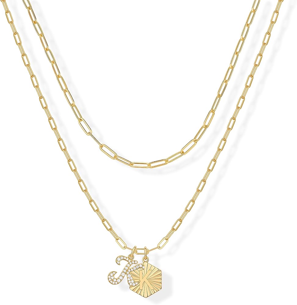 PAVOI 14K Gold Plated Dainty Hexagon Initial Letter Pendant Layered Necklace Jewelry Gift for Women | Paperclip Layering Chain Necklace