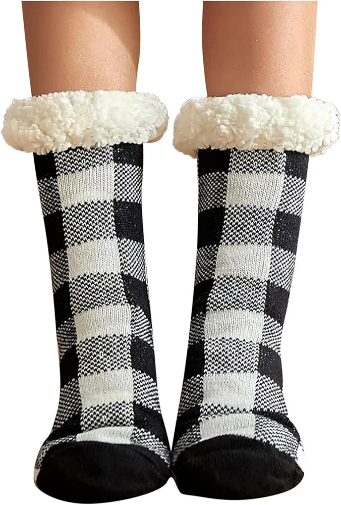 Womens Fuzzy Socks Winter Warm Cozy Fluffy Soft Slipper Socks Fleece Lining Crew Socks Home Sleeping Socks (Black, Free Size)