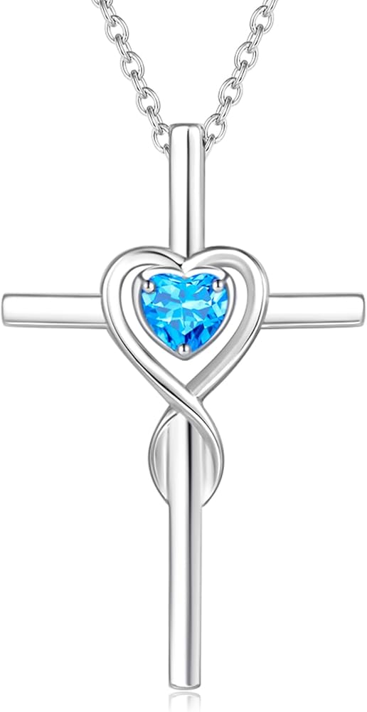 FANCIME Birthstone Cross Necklace for Women Birthstone Necklace Heart Infinity Cross Pendant Necklace Fine Jewelry Christmas Valentines Day Gifts Birthday Holiday Gifts for Her, 16"+2" Inches