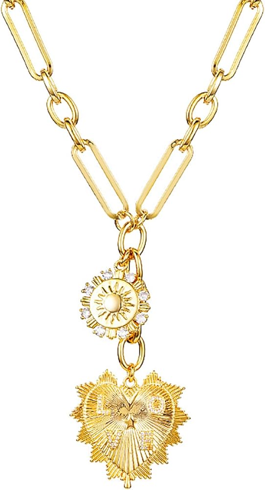 Sun Heart Charm Choker Necklace for Women Men,18k Gold Plated With Zircons Inlaid Pendants,Thick Chunky Paperclip Chain Hip Hop Necklace Unisex Jewelry,Cuban Link Chain for Women Trendy（Heart）