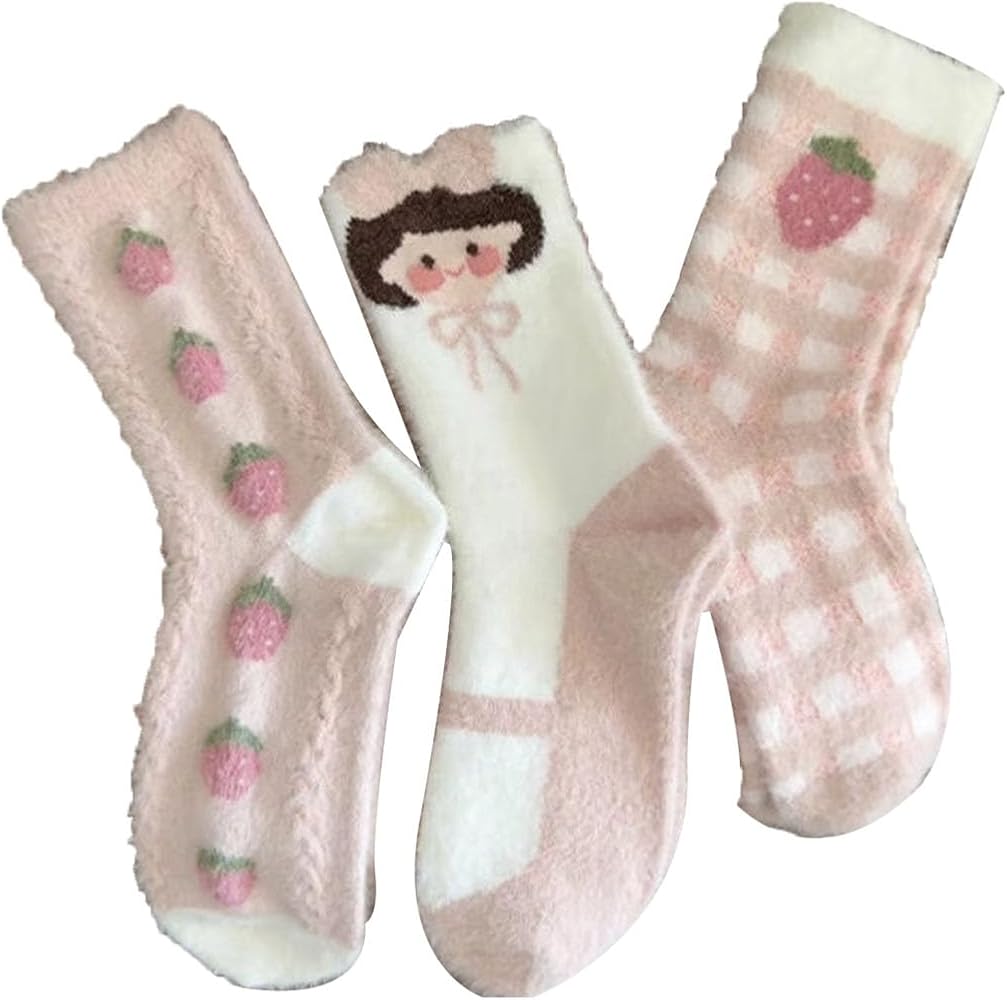 HEILA 3 Pairs Winter Warm Fluffy Sleep Socks Womens Fleece Fuzzy Crew Socks Girl Lovely Strawberry Pattern Cozy Socks