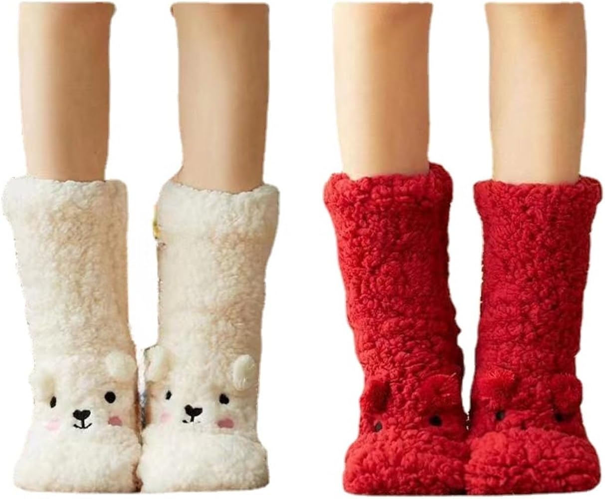 OrdaLi Cartoon Bear Socks Soft Plush Fuzzy Winter Sleep Socks for Women fluffy socks Non-Slip Floor Socks with Grips (White+Red)