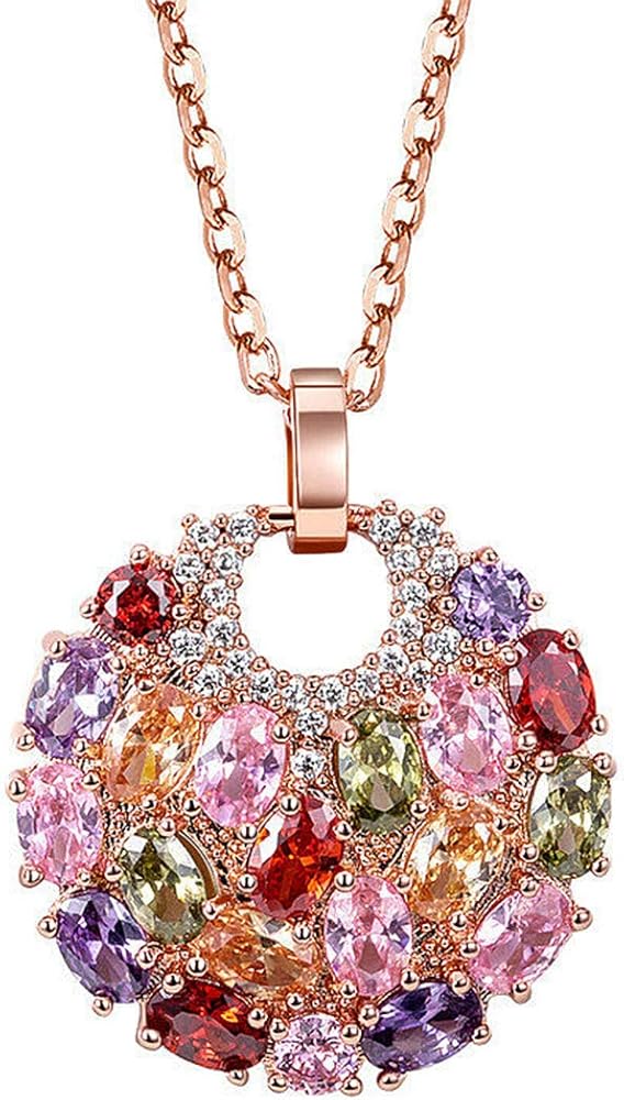 Crystal Colorized Cubic Zirconia Laminated Flower Pendant Necklace with 17.32+1.96 in Extender Chain for Women | Necklace extender | Crystal Necklace | Flower Necklace |Silver Multi Color Necklace