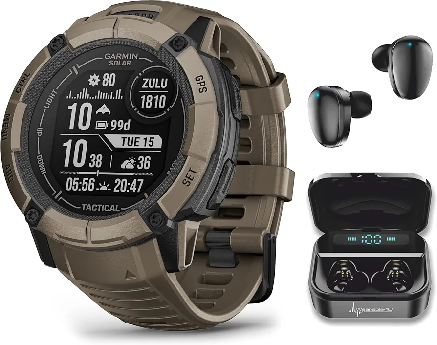 Wearable4U Garmin Instinct 2X Solar Tactical 50 mm Rugged GPS Men Smartwatch, Coyote Tan with Power Glass Lens, Stealth Mode, LED Flashlight Black Earbuds Bundle