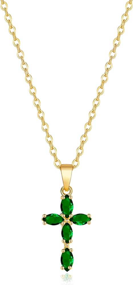 Cross Necklace for Women, 14K Gold Plated Birthstone Necklaces Cubic Zirconia Cross Pendant Necklace Dainty Gold Jewelry Gifts