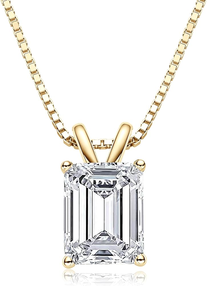 Solitaire Pendant for Women, Emerald/Square Princess/Marquise/Trillion Cut CZ Necklaces, 18K White and Gold-plated 925 Sterling Silver Ideas Gift, Jewelry Box Packed