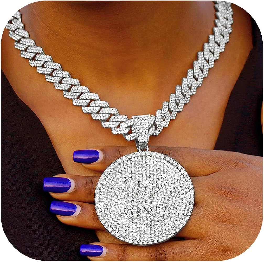Round Big Initial Necklace for Women, Cuban Link Chain 14mm Diamond Prong Cuban Chain, Cursive Gold Silver Initial Necklace Cuban Link Necklace