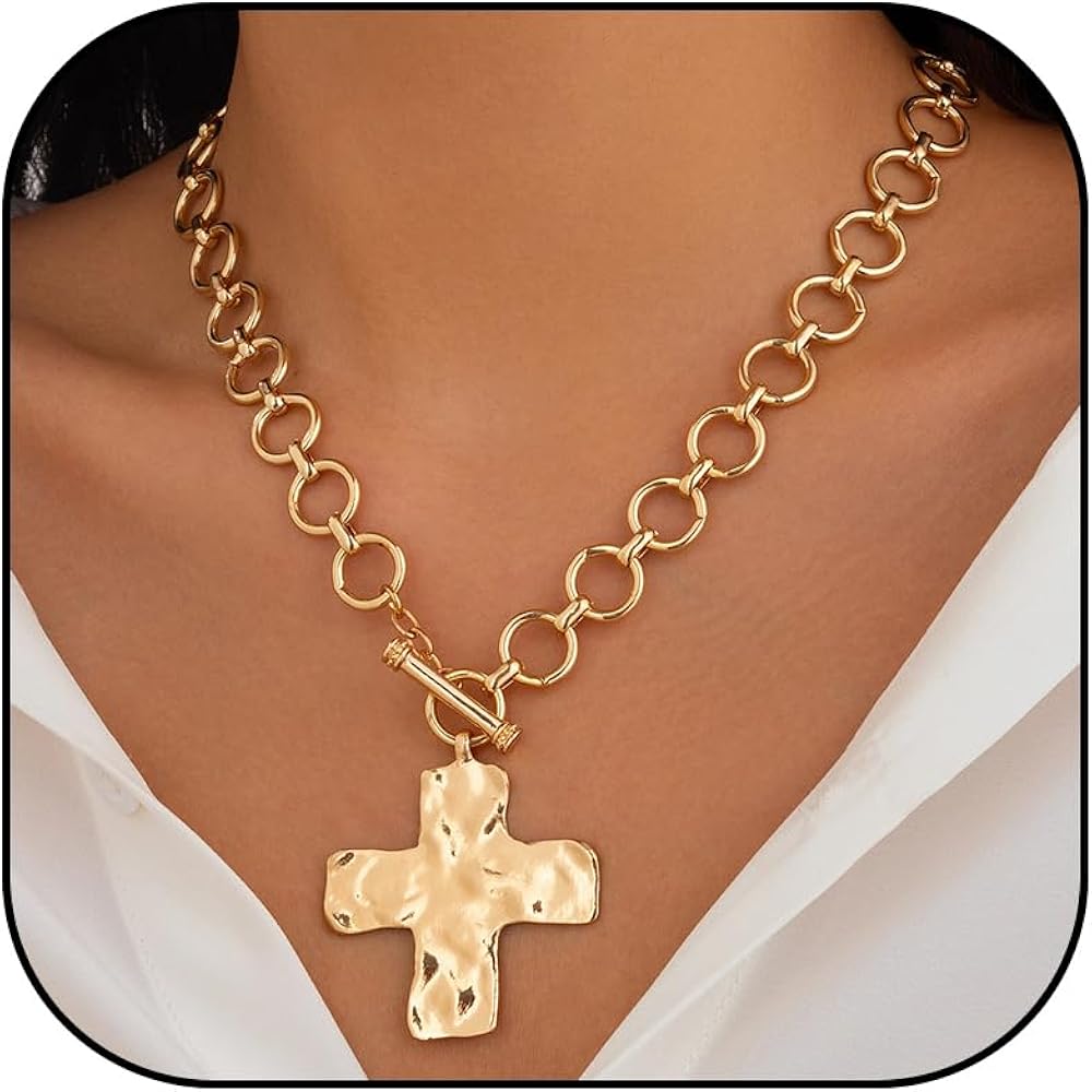 Cross Necklace for Women Chunky Gold Statement Necklace Pearl Cross Choker Necklace Thick Chain Faith Necklace Layered Pendant Necklace Christian Gifts for Women