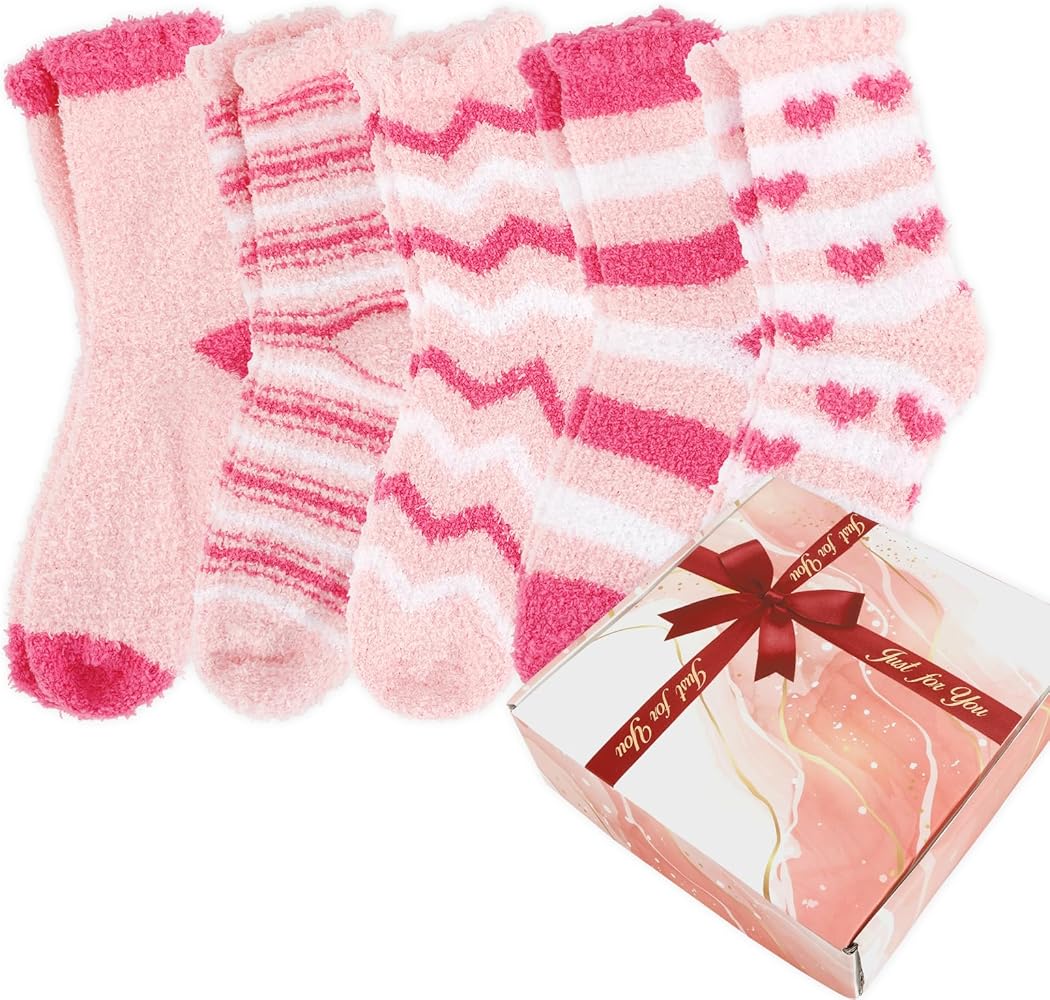 5 Pairs Pink Fuzzy Socks,Warm Socks for Winter,Gifts for Women,Cute Socks,Christmas Valentine's Gifts for Women
