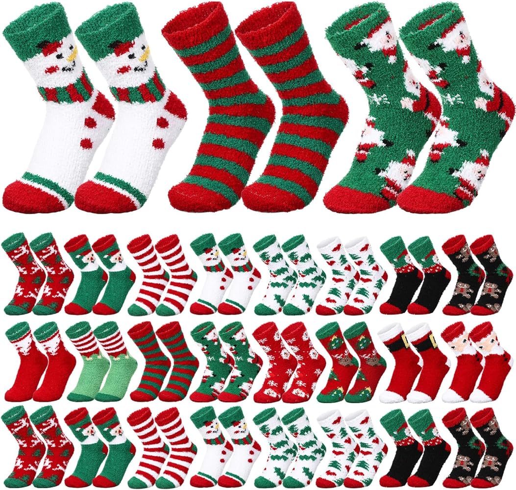 Liitrsh 48 Pairs Christmas Fuzzy Socks Winter Warm Cute Christmas Socks Bulk Slipper Fluffy Socks Boys Colorful Girls Gifts for Kids Women Men Xmas Holiday Indoor Home Casual Sleeping Athletic