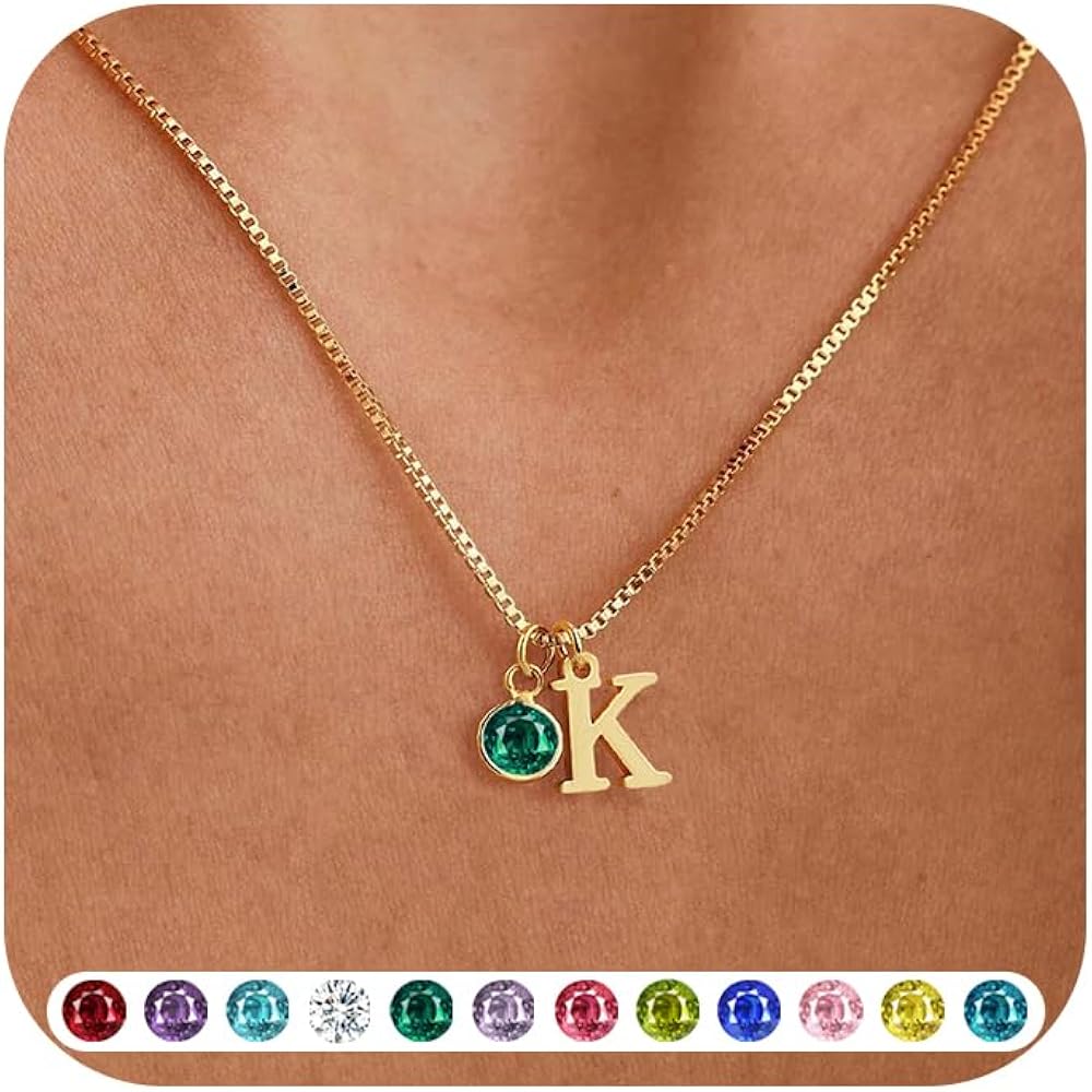 WFYOU Initial Birthstone Necklaces for Women Trendy 14K Gold Plated Letter A-Z initial Necklace Dainty Initial Birthstone Pendant Name Necklace Personalized Birthday Christmas Gifts for Women Jewelry
