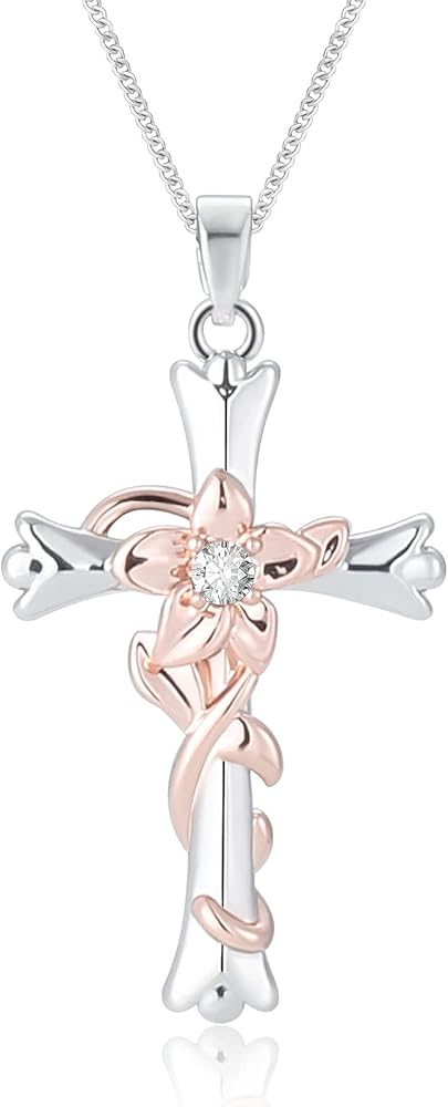 ACECHA Cross Necklace for Women | Silver Faith Birthstone Cross Pendant with Birth Flower Jewelry Gifts for Teen Wife Women for Birthday Anniversary