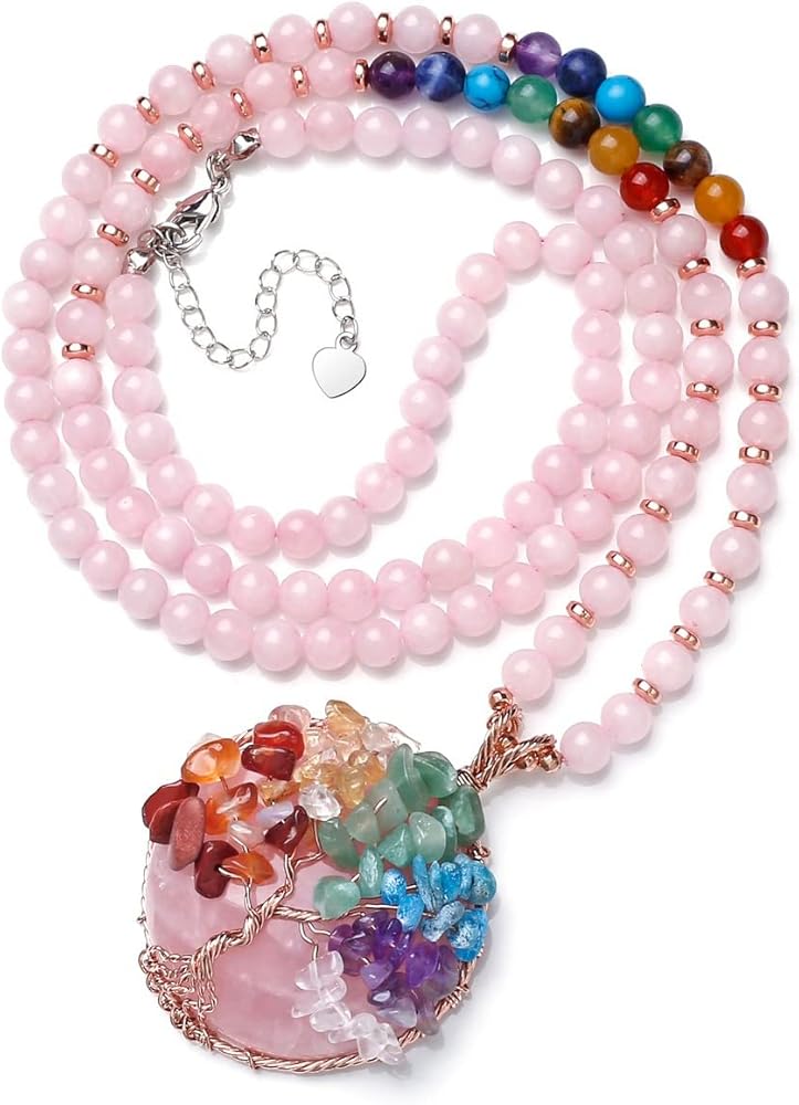 Top Plaza 7 Chakra Healing Crystal Natural Round Gemstone Pendant Necklace Life Tree Copper Wire Wrapped Beads Necklaces Reiki Jewelry for Women