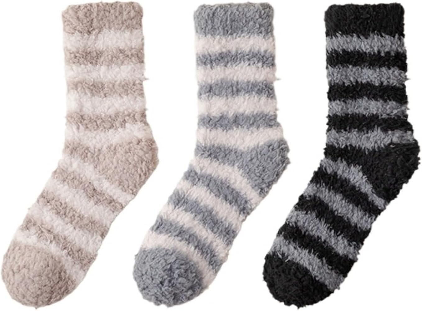 3 Pairs of Couples Coral Velvet Socks, Winter Thickened Warm Cozy Fuzzy Sleeping Socks, Indoor Striped Floor Socks
