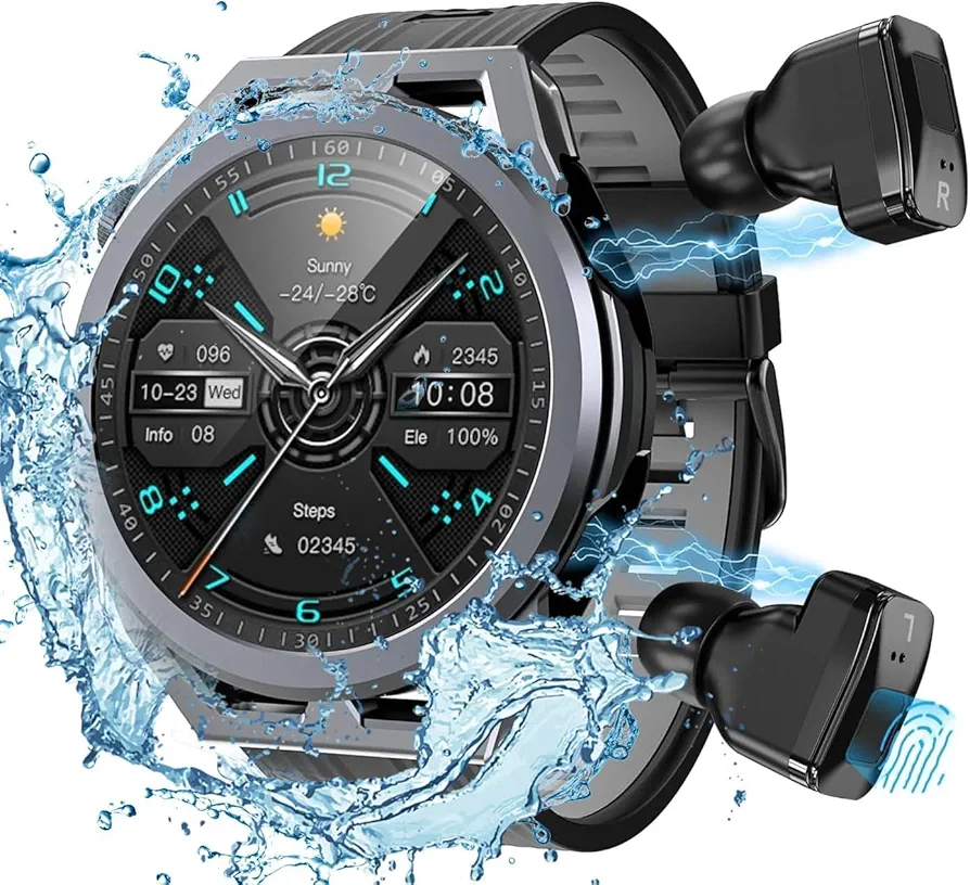 Smart Watch with Earbuds, 1.53 inch Round Fitness Tracker, All-in-one Smartwatches with Heart Rate Blood Pressure Oxygen Sports TWS Music for Android iOS