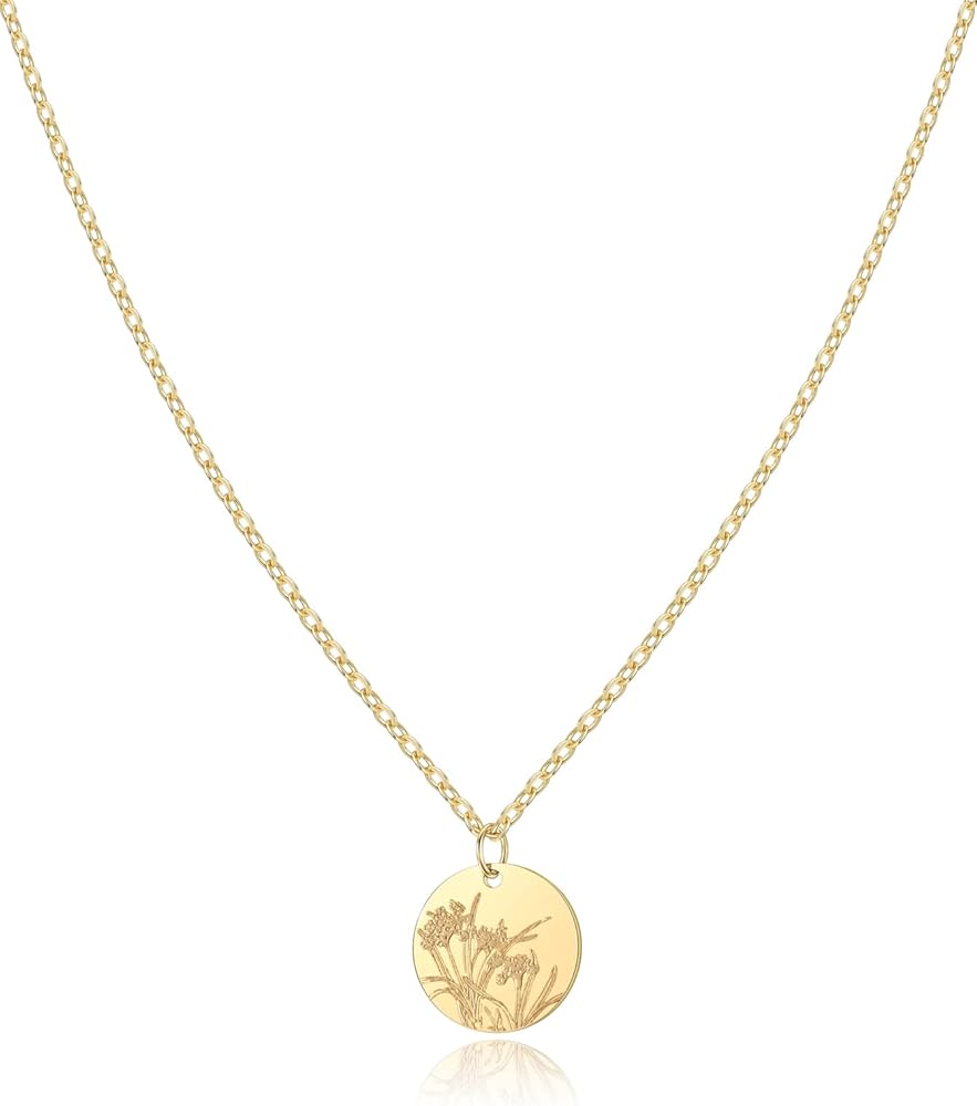 Birth Flower Necklace, Gold Plated Floral Pendant Necklaces for Women, Simple Dainty Birth Month Flower Necklace, Birthday Jewelry for Women - 12 Month