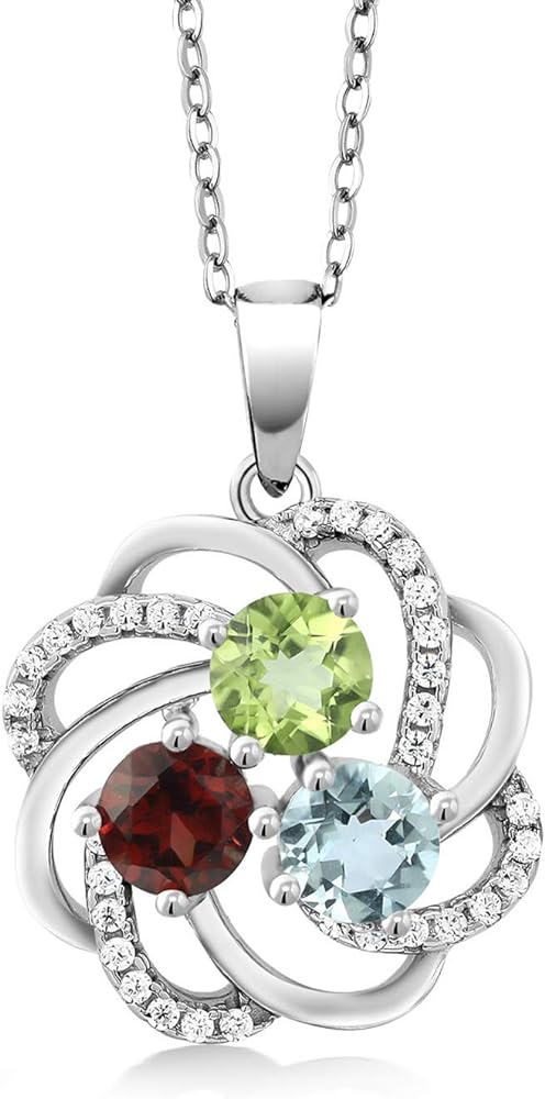 Gem Stone King 925 Sterling Silver Customized and Personalized 3 Round Gemstone Birthstone Fashion Love Mothers Flower Blossom Pendant Necklace For Women with 18 Inch Chain