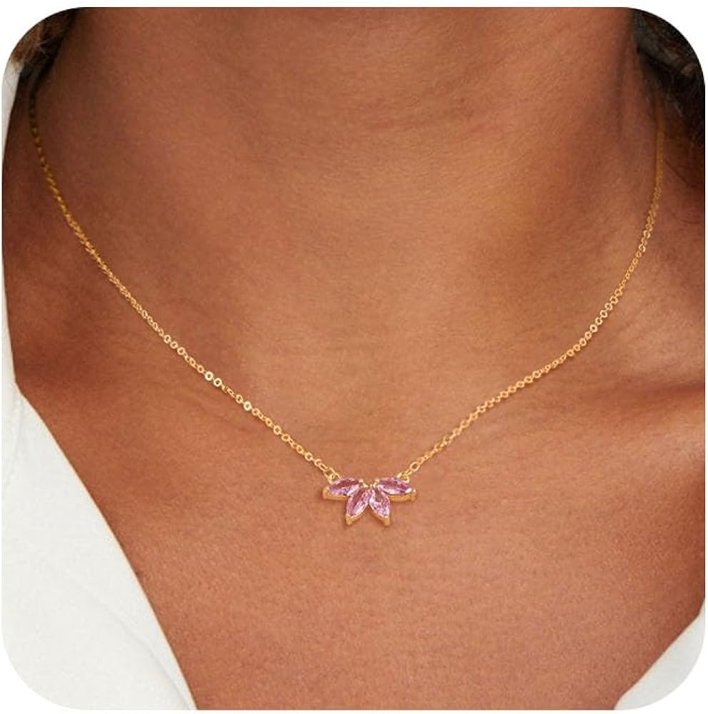 Birthstone Gold Necklace for Women Trendy: Dainty Gold Pendant Necklace 14K Gold Plated Tiny Chain Cubic Zirconia Birth Stone Charm Necklace Birthday Gifts for Women Mother Friends Jewelry