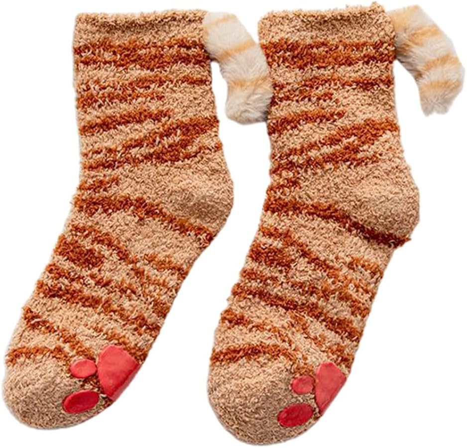 Scnvsi FEITIANWUGONG Women Winter Cute Cat Paw Fuzzy Slipper Socks with Grippers Cartoon 3D Kitten Plush Tail Anti-Skid Fluffy Warm Floor Sleeping Hosiery
