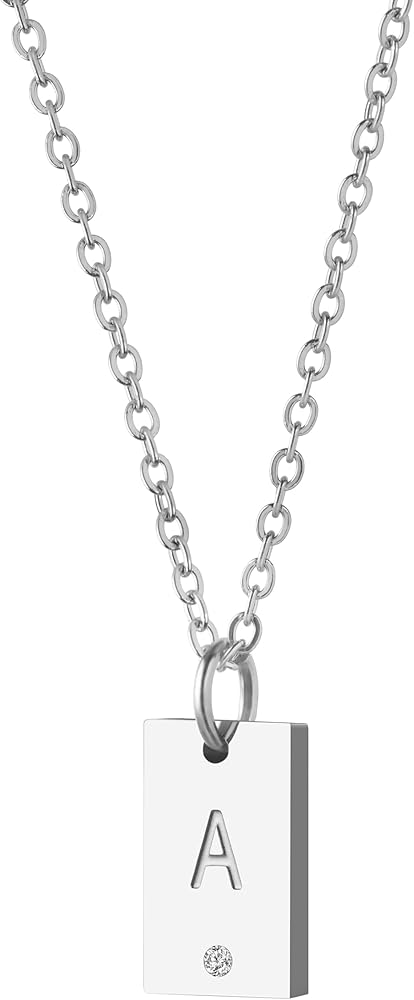 Tasunom Personalized Initial Tag Cubic Zirconia Pendant Necklace for Women 14K Gold Plated Stainless Steel