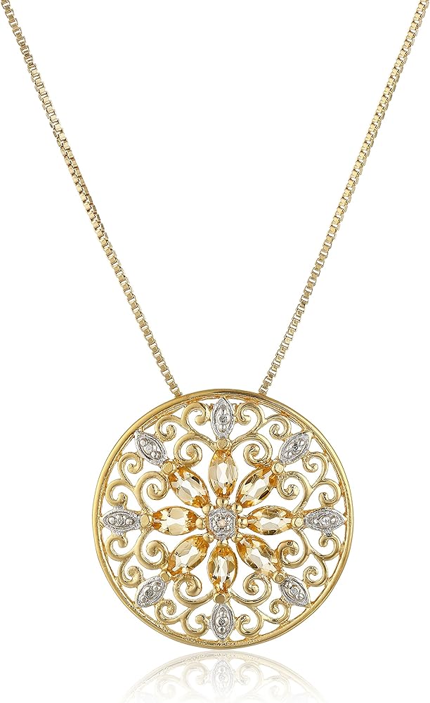 Amazon Essentials 18k Yellow Gold Plated Sterling Silver Gemstone and Diamond Accent Filigree Mandala Pendant Necklace, 18" (previously Amazon Collection)
