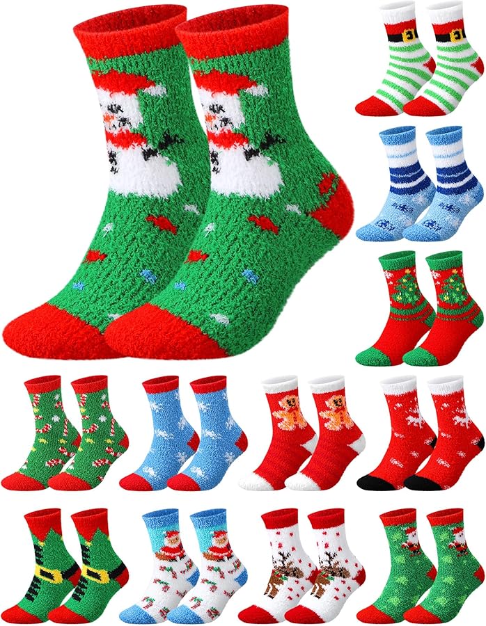 12 Pairs Christmas Fuzzy Socks for Women Plush Slipper Socks Winter Warm Holiday Socks for Women Xmas Gifts