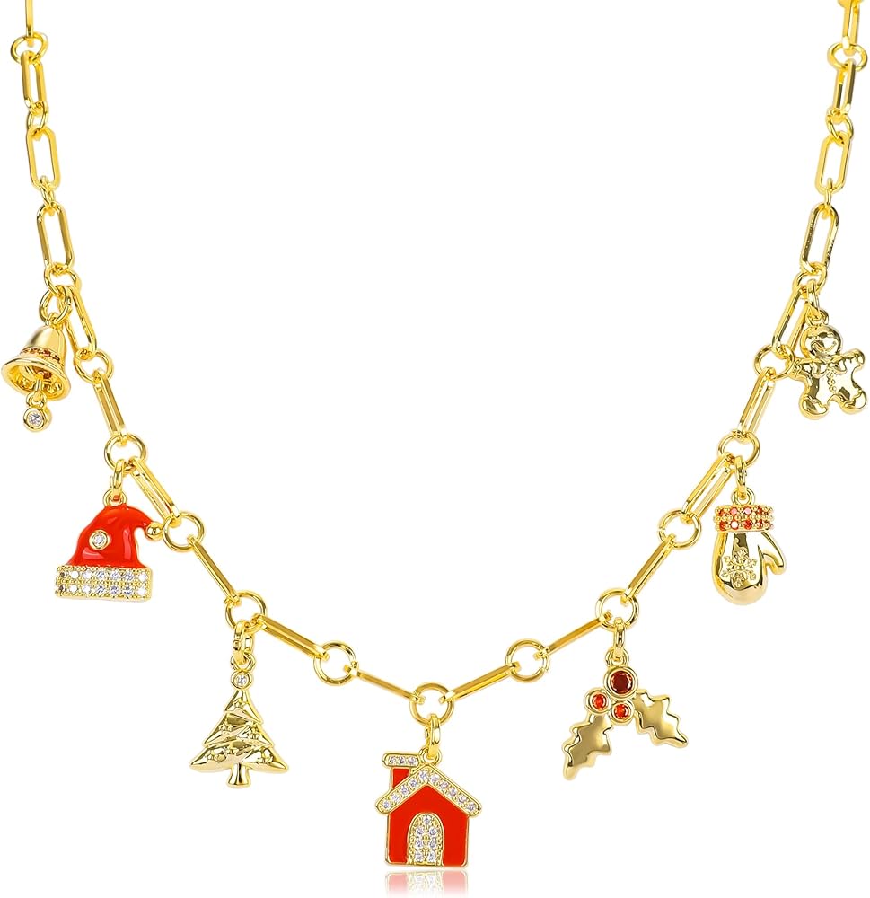 Gold Christmas Charm Necklace for Women 14K Gold Plated Christmas Tree Snowflake Stocking Cane Present Snowman Candy Jingle Bell Pendant Necklace with Cubic Zirconia Adjustable Xmas Party Jewelry Gift